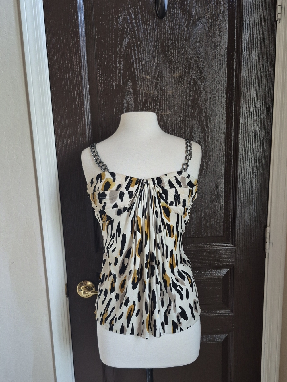 Sky Cream Leopard Print Chain Strap Tank Top with Black & Gold Spots